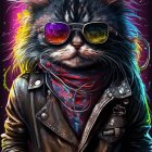 Colorful Cat Illustration with Psychedelic Patterns and Rainbow Glasses