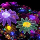 Colorful Neon-Lit Flowers in Cosmic Setting