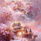 Pink-hued castle with blossoming trees on cliff under dreamy sky