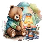 Anthropomorphic bear reading book in ornate clothing with teddy bear and candies in nature scene