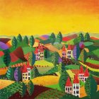 Colorful village and rolling hills in whimsical landscape