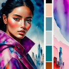 Colorful portrait of woman with futuristic cityscape background.