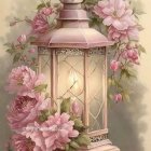 Illustration of large ornate pink lantern with blooming flowers and falling petals