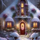 Snow-covered cottage with Christmas decor, cozy interior, frozen pond, and cats.