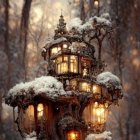 Snow-covered cottage with Christmas decorations in winter evening