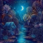 Fantastical night scene with starry sky, cosmic elements, river, and celestial colors.