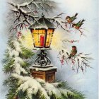 Winter scene with small birds on snow-covered branches near a glowing birdhouse