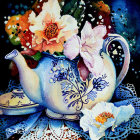 Colorful Flower Teapot and "Good" Cup with Glittery Saucer