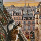 Two cats on rooftop admire cityscape at dawn