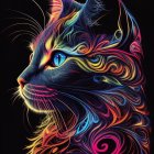 Colorful digital artwork: Cat with neon outlines in blue, orange, and yellow on black background