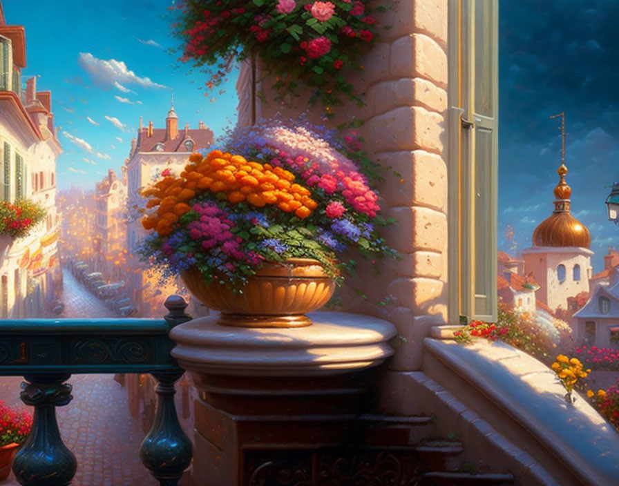 Colorful balcony flower arrangement with classic architecture and golden dome view