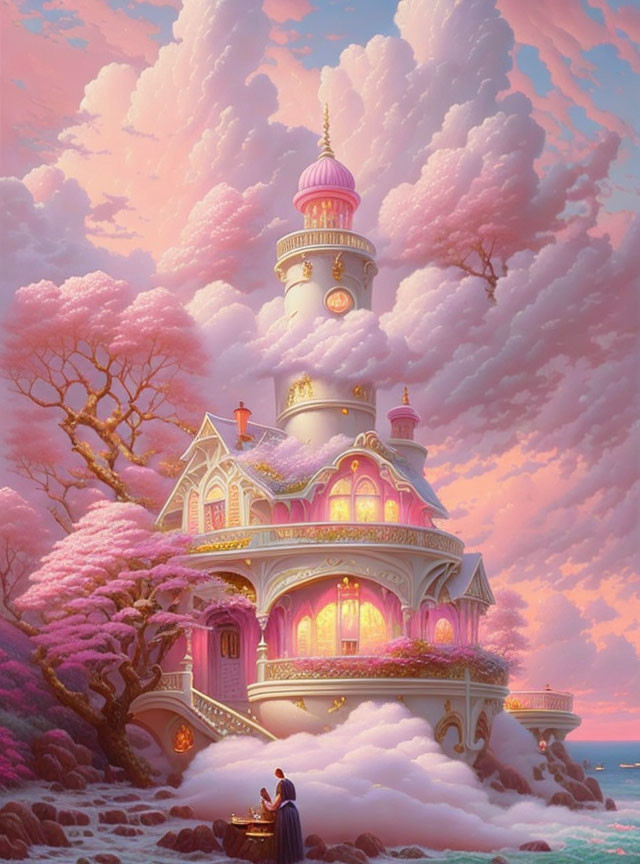 Pink-hued castle with blossoming trees on cliff under dreamy sky