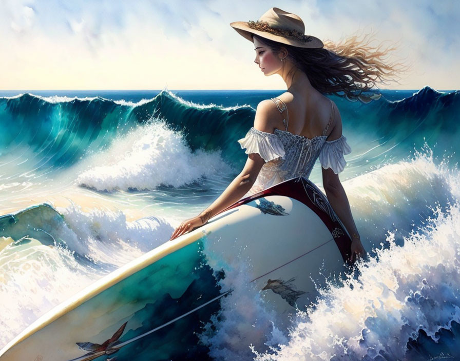 Woman in white off-shoulder top and straw hat surfing wave