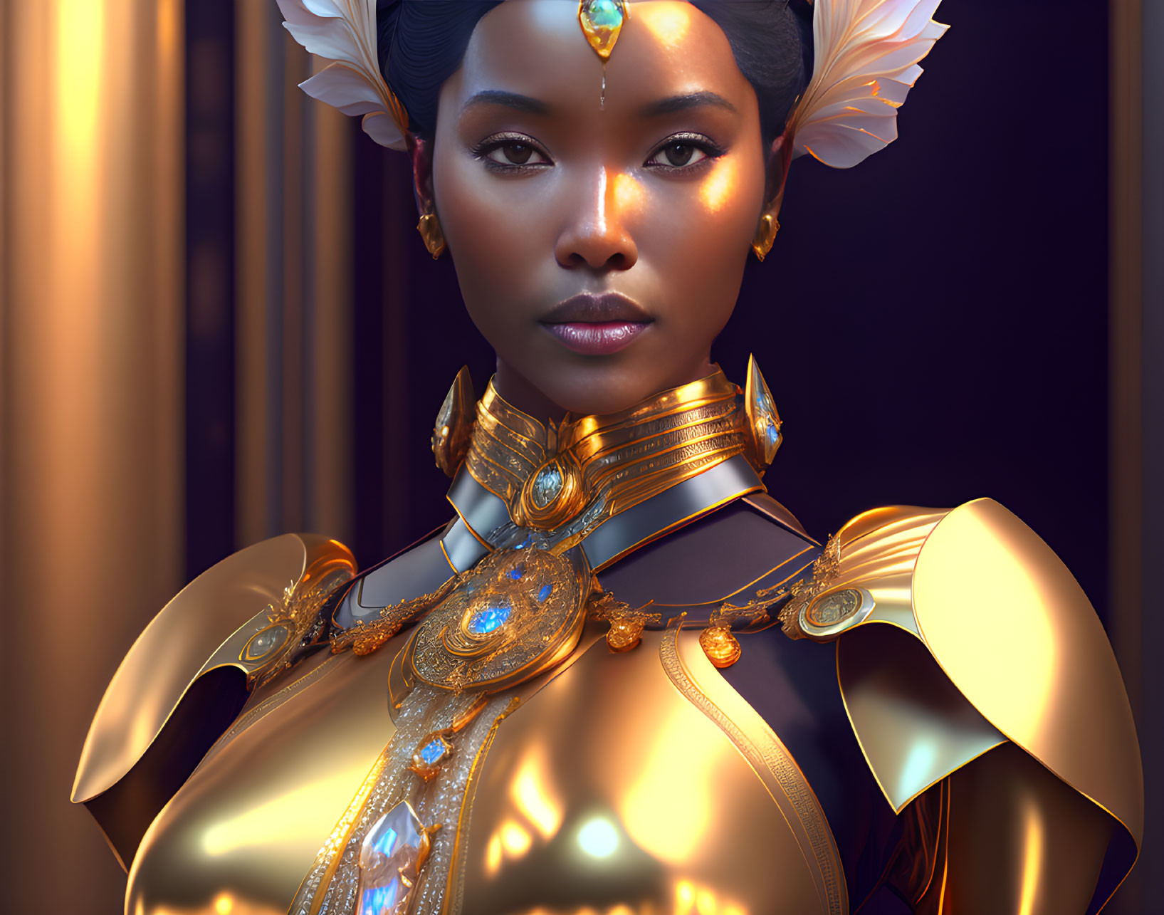 Golden fantasy armor with gems and feathers on a powerful woman