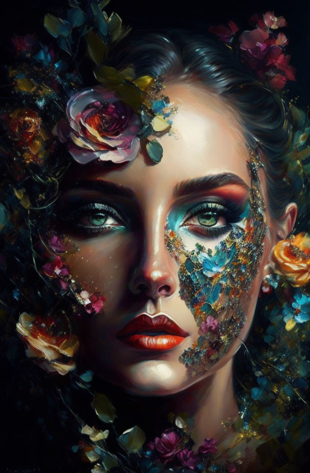 Portrait of Woman with Flowers and Gold Leaf Makeup: Serene and Melancholic Expression