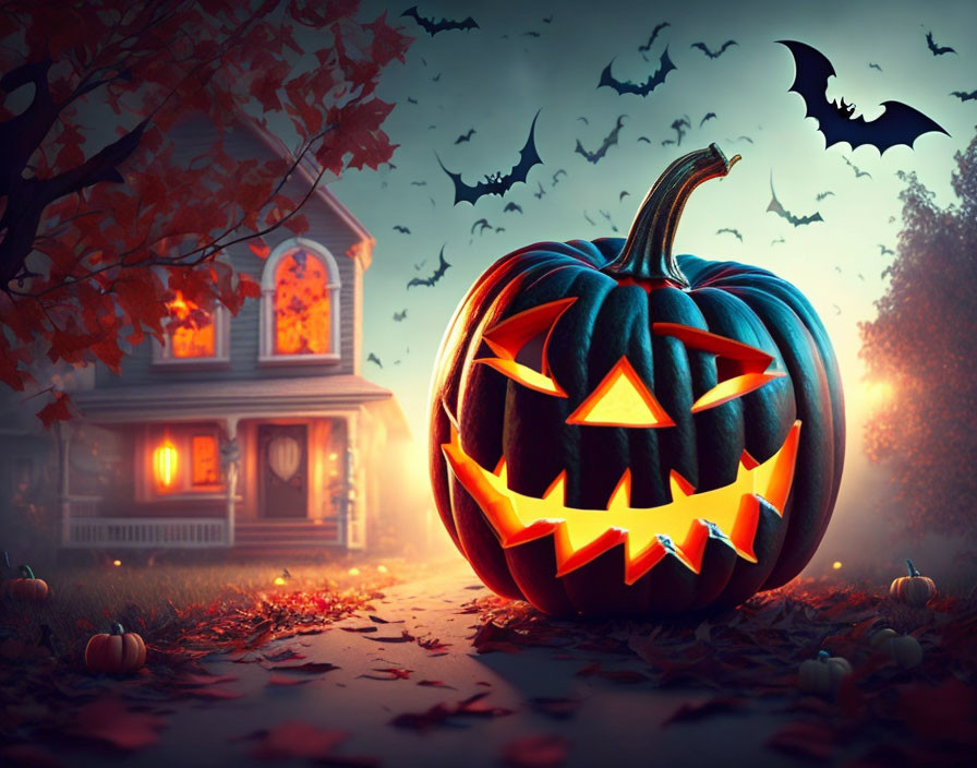 Glowing Jack-o'-lantern with Spooky House and Bats in Halloween Scene