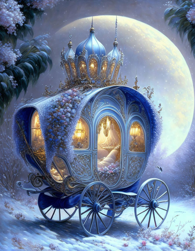 Fairy tale-inspired carriage under full moon and blooming flowers