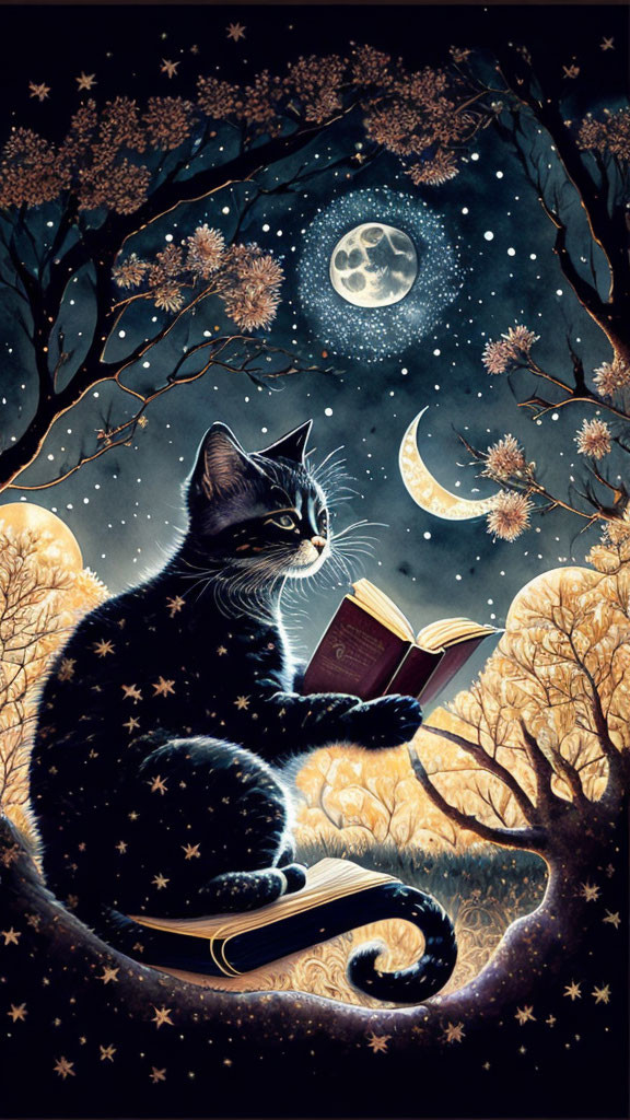 Starry fur cat reading book under crescent moon in night sky