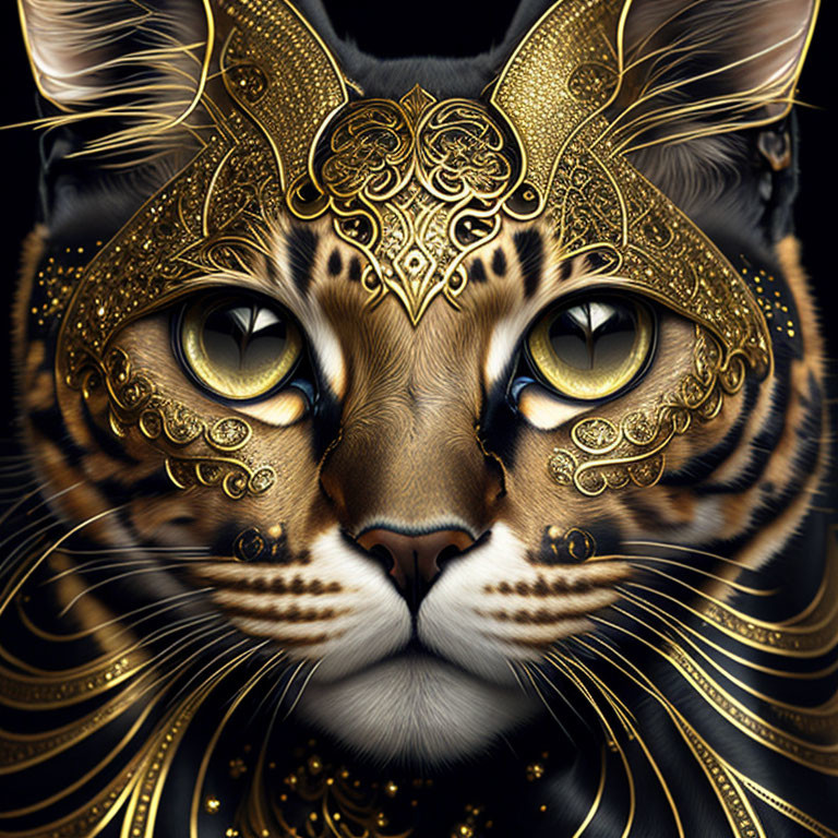 Digital artwork: Cat with ornate golden headpiece, intricate patterns, mesmerizing yellow eyes