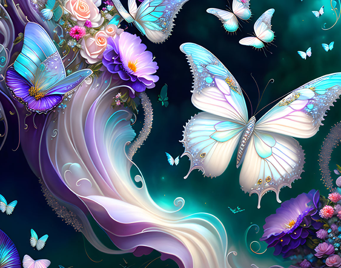 Colorful Butterfly and Flower Artwork on Teal Background