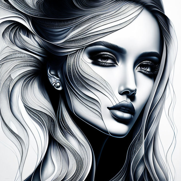 Detailed Monochromatic Digital Artwork of Woman with Flowing Hair