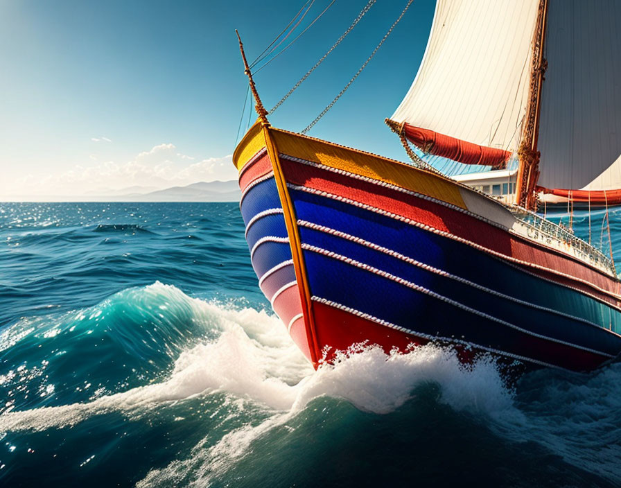 Vibrant sailboat with red sails on blue ocean waves