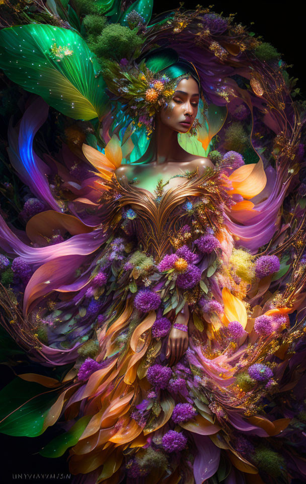 Vibrant surreal portrait of a woman with colorful feathers and blossoms