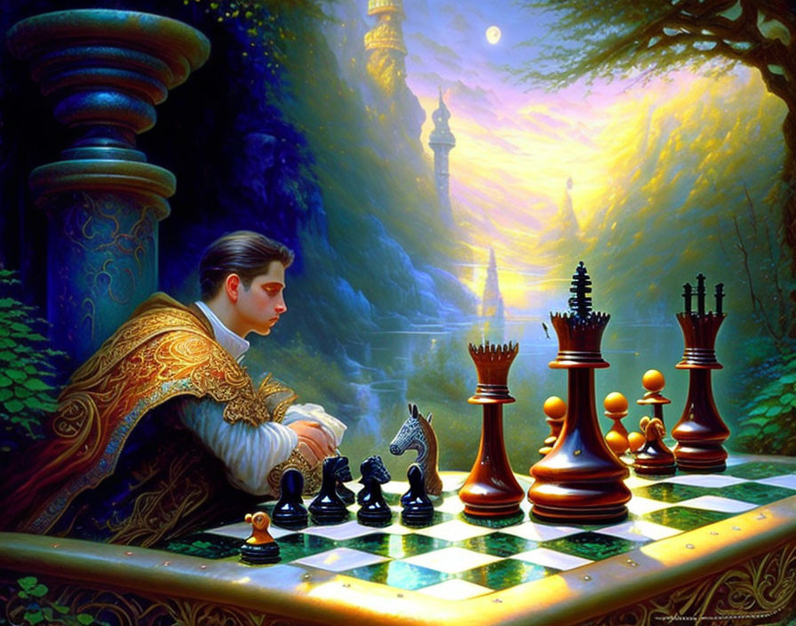 Contemplative figure in ornate clothing by oversized chessboard in magical forest at sunrise