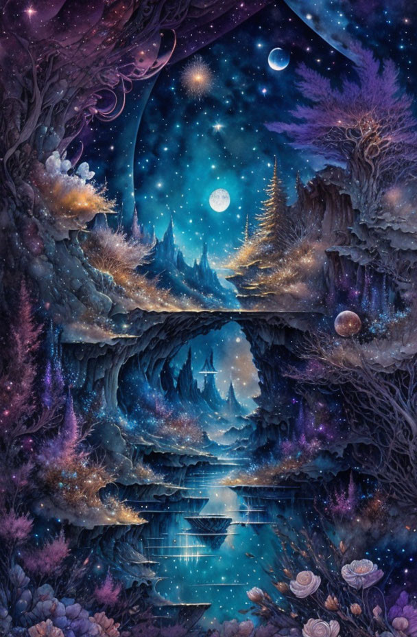 Fantastical night scene with starry sky, cosmic elements, river, and celestial colors.