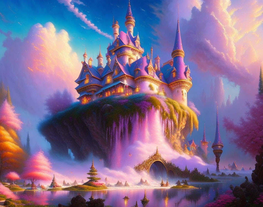 Floating island fairytale castle in vibrant fantasy landscape