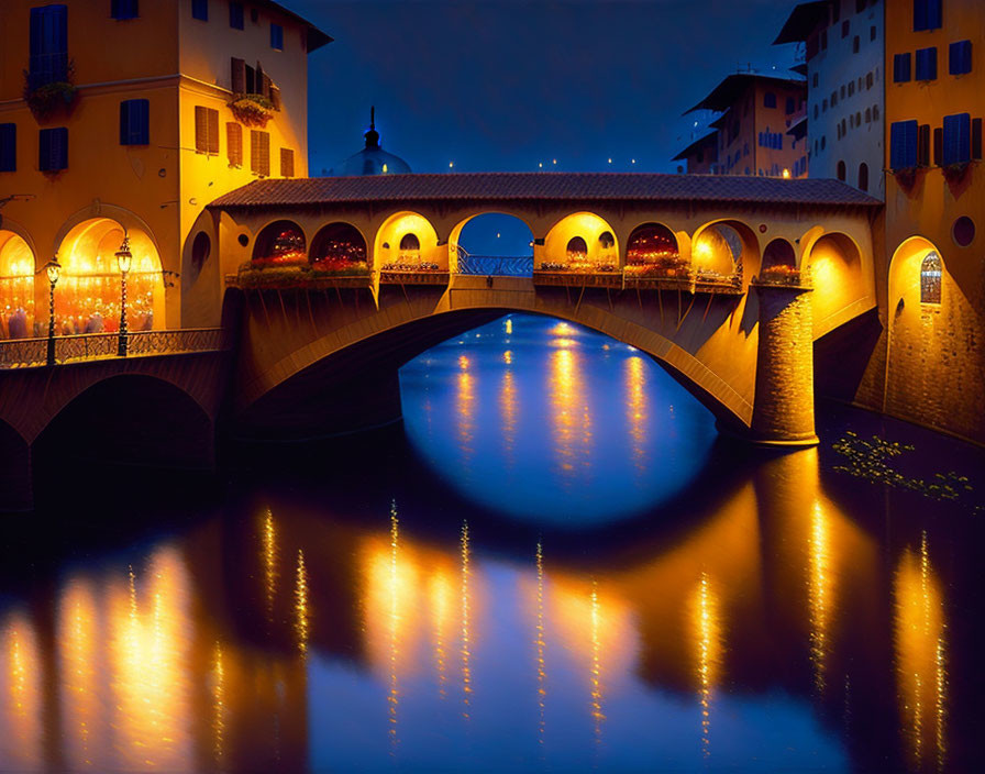 Nighttime illuminated bridge over tranquil river with reflections of lights and lit buildings.