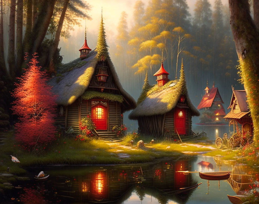 Tranquil dusk forest scene with cottages, river, glowing windows, lush foliage, and sw