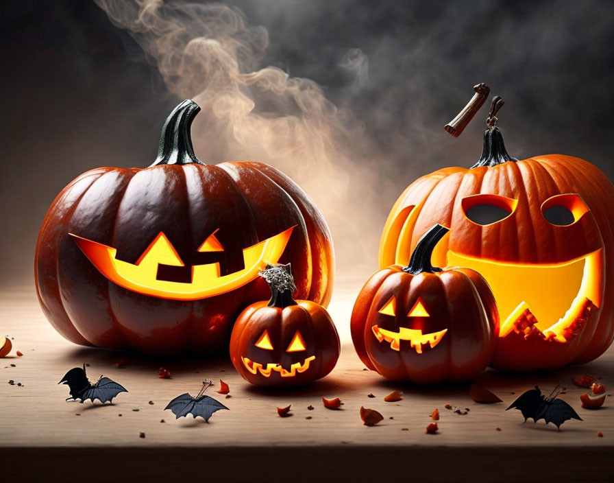 Three jack-o'-lanterns on wooden surface with autumn leaves and bats in hazy backdrop