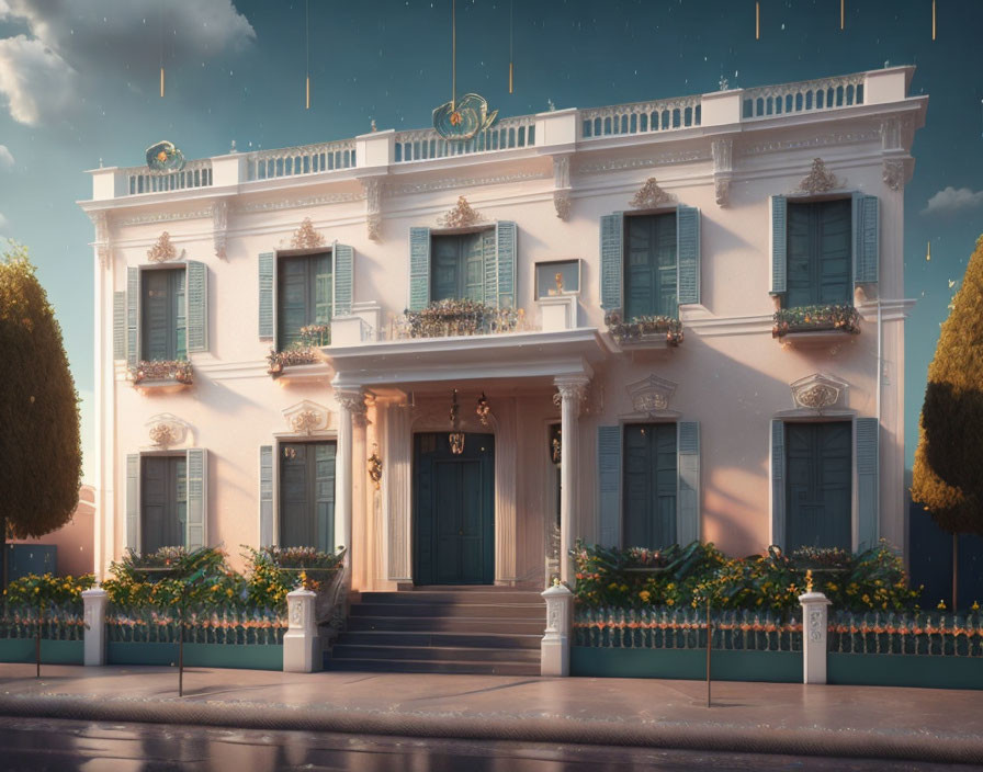 Classic two-story white house with flowered balconies in the rain at sunset