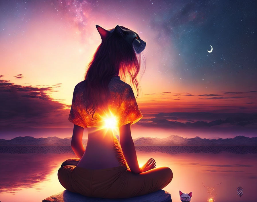 Surreal artwork of person with cat's head meditating on rock against vibrant sunset