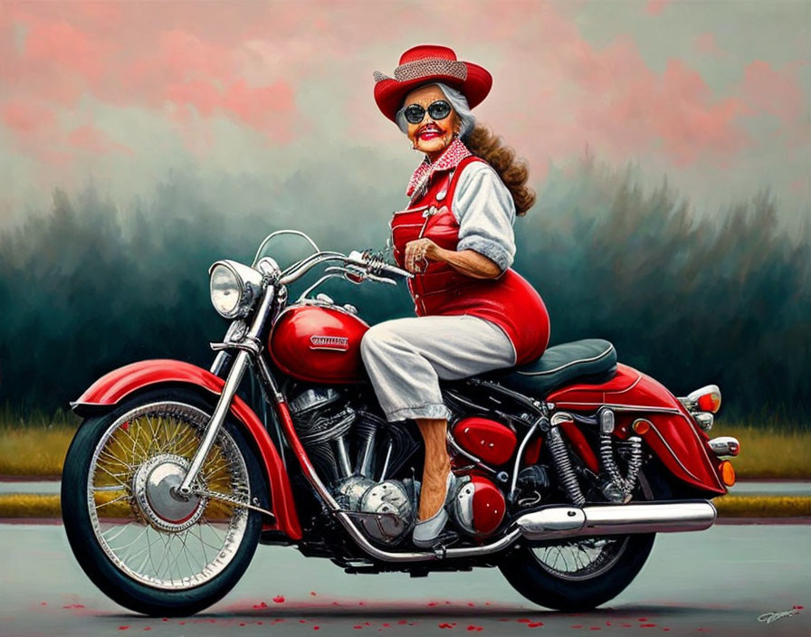 Elderly woman in red hat and sunglasses on classic motorcycle with red trees and cloudy sky