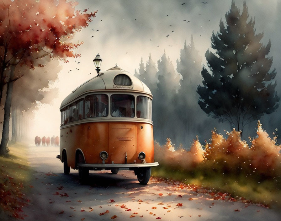 Vintage Bus on Autumn Path Surrounded by Trees