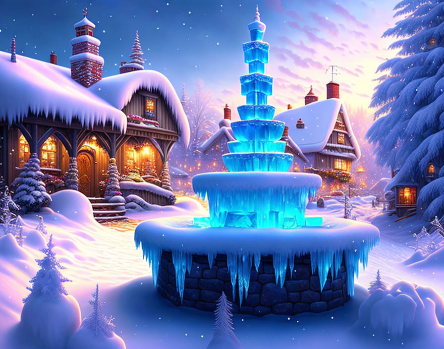 Winter Scene: Blue Ice Fountain, Snowy Cottages, Glowing Lights