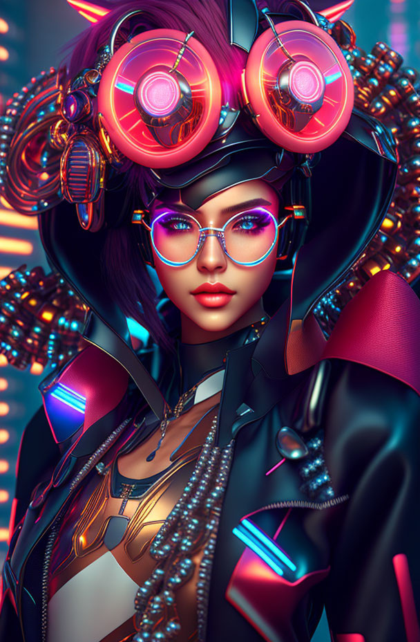 Futuristic female character with pink circular glasses and cyberpunk headgear