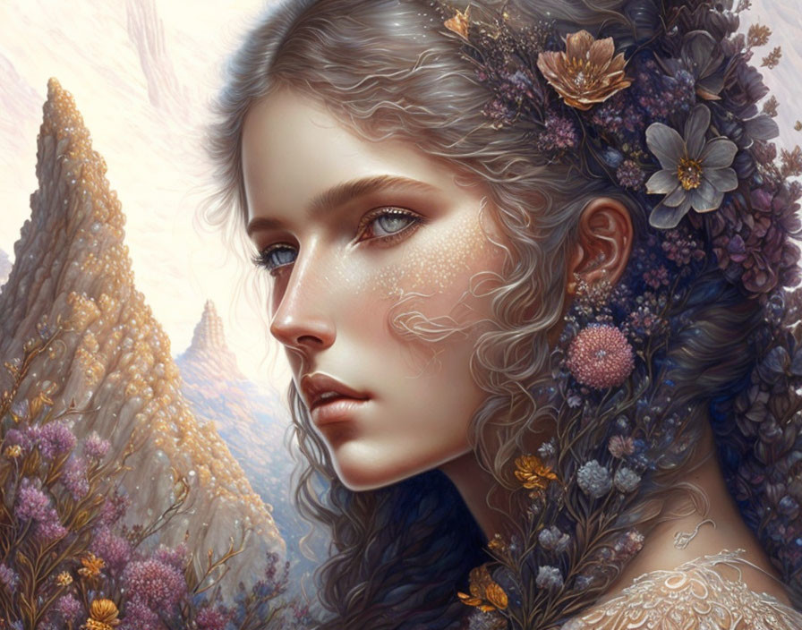 Detailed portrait of a woman with flowers in hair and fantasy backdrop