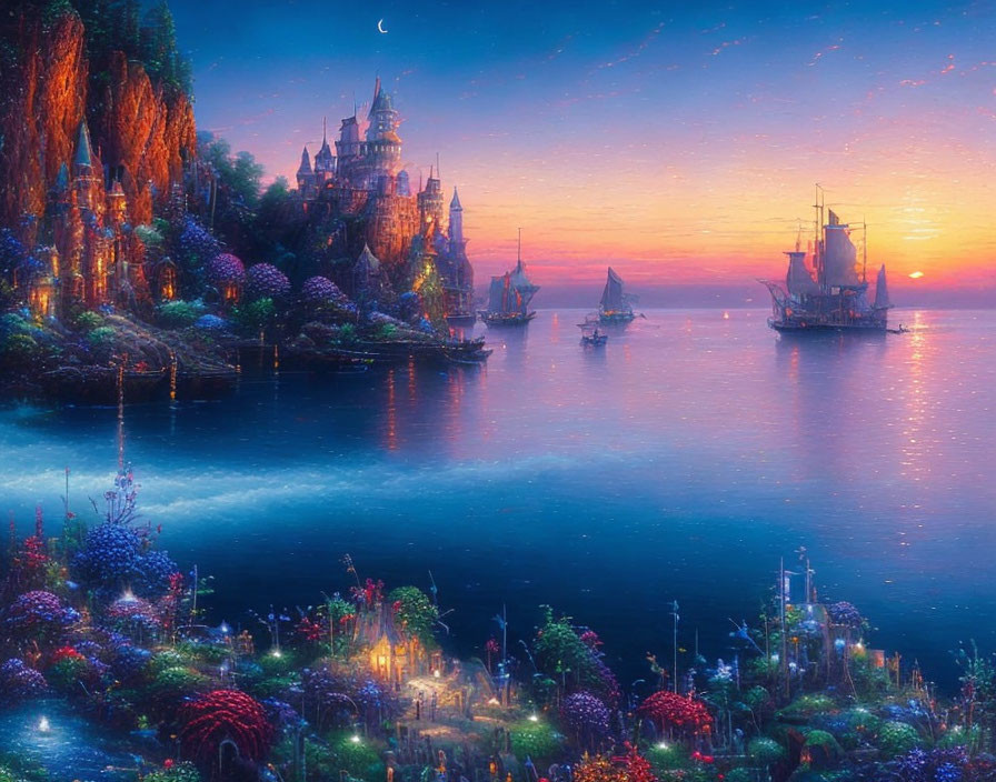 Twilight seaside scene with castle, flowers, ships, and colorful sky