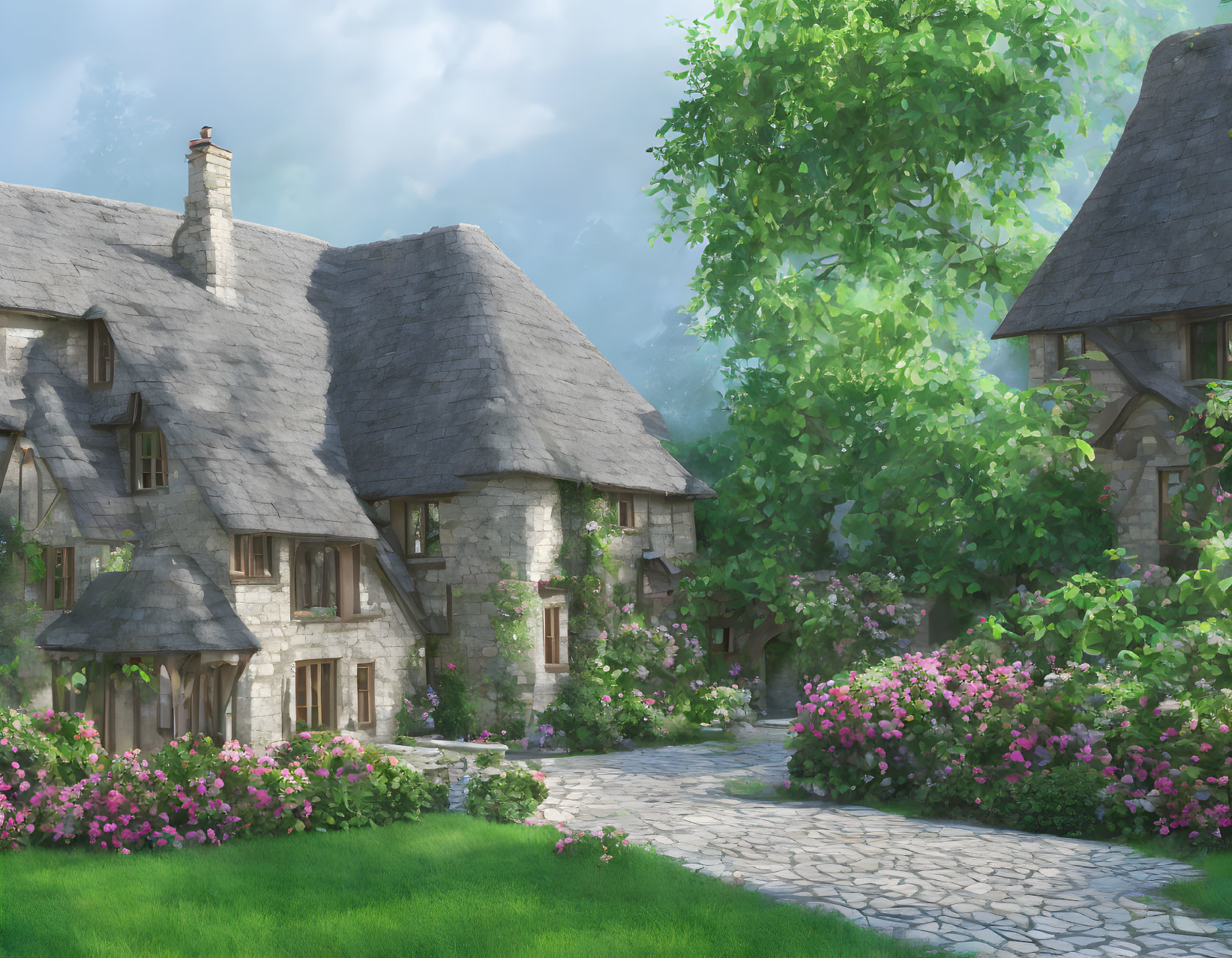 Medieval village with cobblestone path, thatched cottages, flowers, greenery