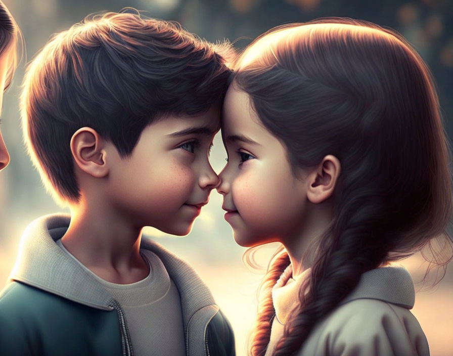 Illustrated children touching foreheads in warm setting