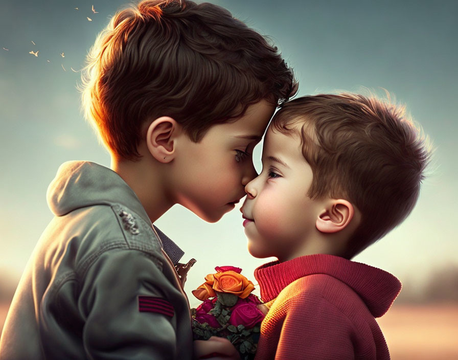 Children sharing tender moment with bouquet of flowers