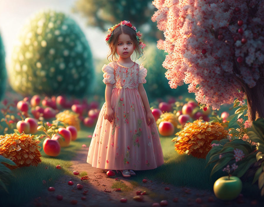 Young girl in vintage pink dress in lush garden with blooming trees and scattered apples