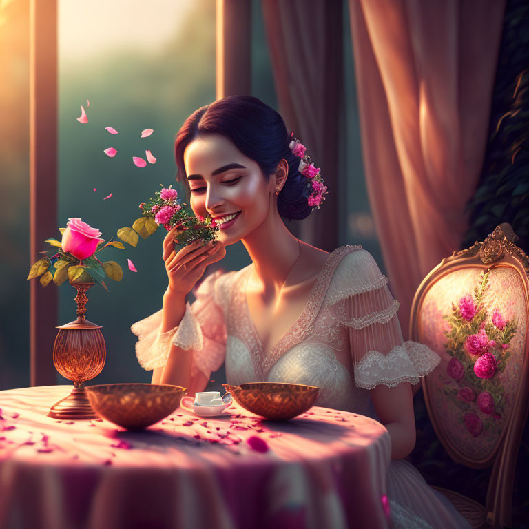 Woman Smiling with Rose at Table Surrounded by Flowers