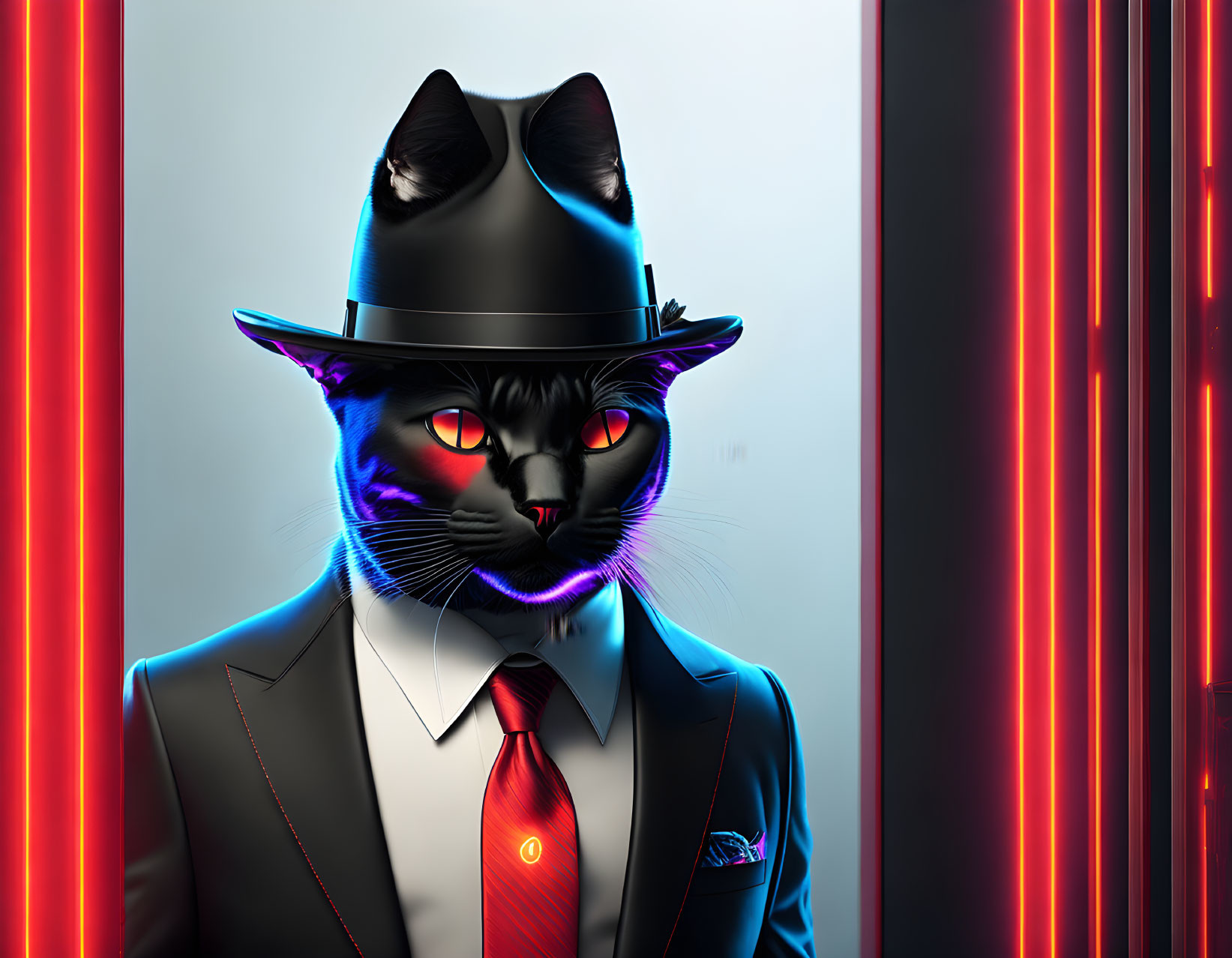 Digital artwork: Cat in suit, fedora, sunglasses, neon lights