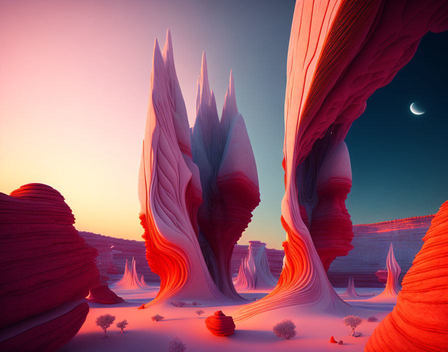 Surreal desert landscape with red rock formations, trees, and crescent moon