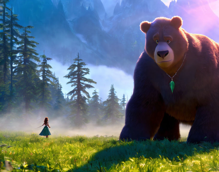 Young girl confronts giant bear in misty forest with mountains.