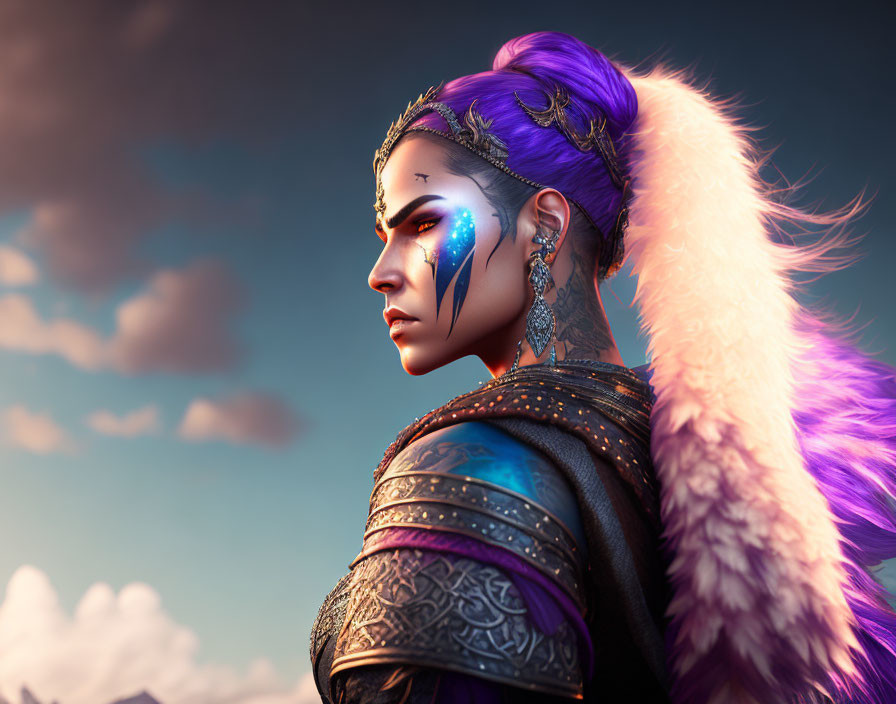 Digital portrait of woman with purple hair, tribal face paint, futuristic ornaments, armor, under cloudy sky